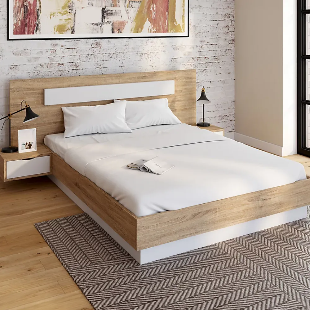 IDMarket Lit double SANTA avec tête de lit + tables de chevet intégrées et sommier 140 x 190 cm bois et blanc* Lit Avec Rangement