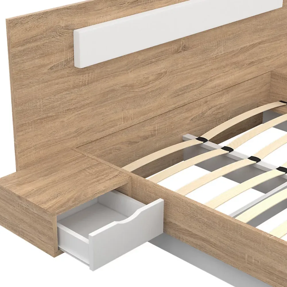 IDMarket Lit double SANTA avec tête de lit + tables de chevet intégrées et sommier 140 x 190 cm bois et blanc* Lit Avec Rangement