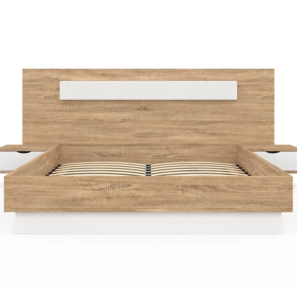 IDMarket Lit double SANTA avec tête de lit + tables de chevet intégrées et sommier 140 x 190 cm bois et blanc* Lit Avec Rangement