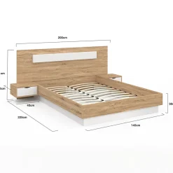IDMarket Lit double SANTA avec tête de lit + tables de chevet intégrées et sommier 140 x 190 cm bois et blanc* Lit Avec Rangement