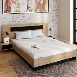 IDMarket Lit double SANTA avec tête de lit + tables de chevet intégrées et sommier 140 x 190 cm bois et noir* Lit Avec Rangement