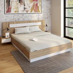 Lit double SANTA avec tête de lit + tables de chevet intégrées et sommier 160 x 200 cm bois et blanc>IDMarket Sale