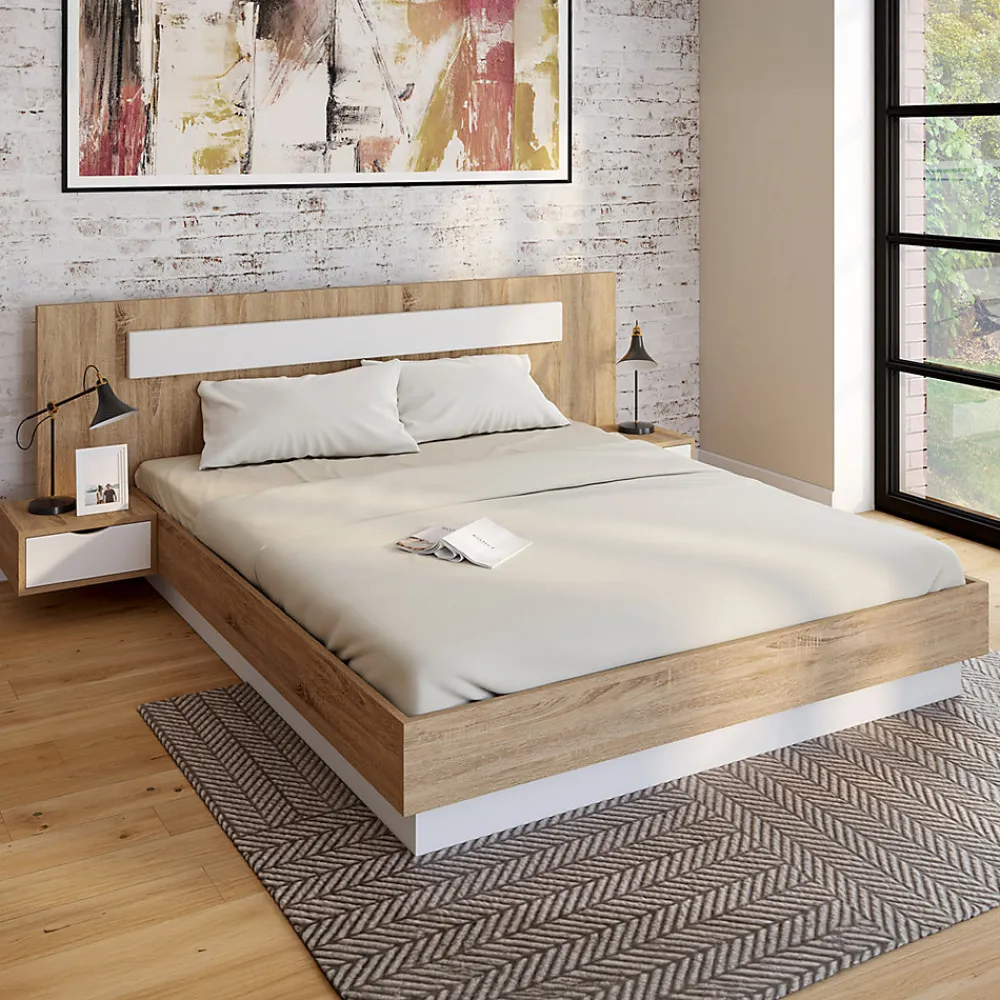 Lit double SANTA avec tête de lit + tables de chevet intégrées et sommier 160 x 200 cm bois et blanc>IDMarket Sale