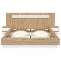 Lit double SANTA avec tête de lit + tables de chevet intégrées et sommier 160 x 200 cm bois et blanc><noscript><img width=