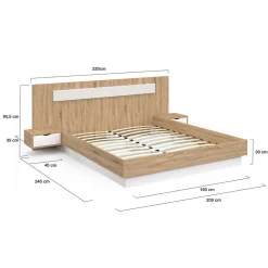 Lit double SANTA avec tête de lit + tables de chevet intégrées et sommier 160 x 200 cm bois et blanc><noscript><img width=