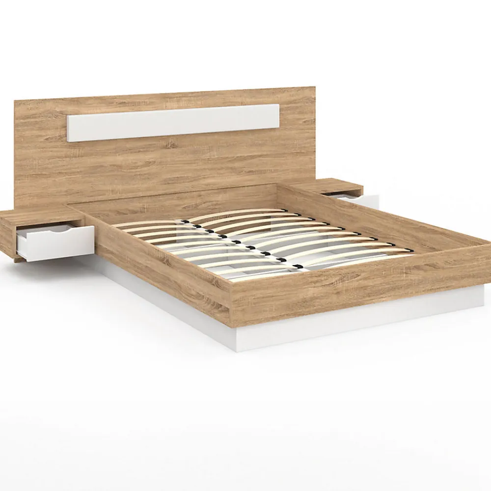 Lit double SANTA avec tête de lit + tables de chevet intégrées et sommier 160 x 200 cm bois et blanc>IDMarket Sale