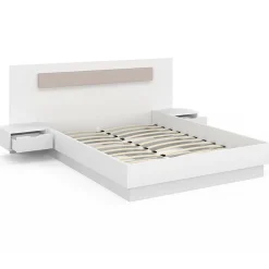 Lit double SANTA avec tête de lit + tables de chevet intégrées et sommier 140 x 190 cm blanc><noscript><img width=
