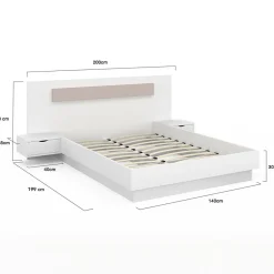 Lit double SANTA avec tête de lit + tables de chevet intégrées et sommier 140 x 190 cm blanc><noscript><img width=