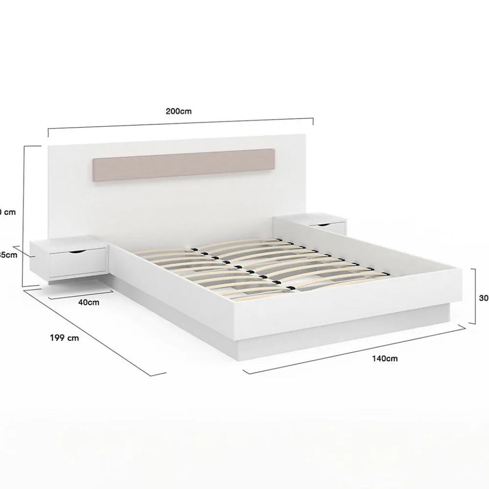 Lit double SANTA avec tête de lit + tables de chevet intégrées et sommier 140 x 190 cm blanc>IDMarket
