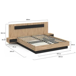 Lit double SANTA avec tête de lit + tables de chevet intégrées et sommier 160 x 200 cm bois et noir><noscript><img width=