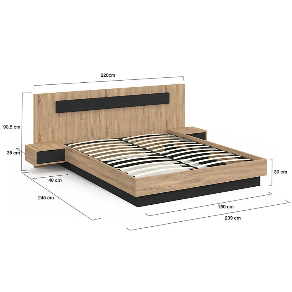 Lit double SANTA avec tête de lit + tables de chevet intégrées et sommier 160 x 200 cm bois et noir>IDMarket
