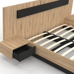 Lit double SANTA avec tête de lit + tables de chevet intégrées et sommier 160 x 200 cm bois et noir><noscript><img width=