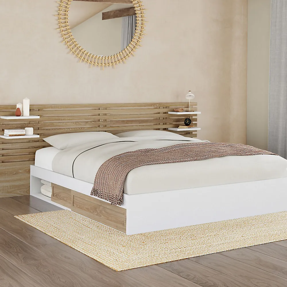 Lit double SAVANA avec tête de lit, chevets, rangements et sommier 160 x 200 cm façon hêtre et blanc>IDMarket New