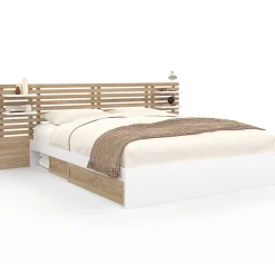Lit double SAVANA avec tête de lit, chevets, rangements et sommier 160 x 200 cm façon hêtre et blanc>IDMarket New
