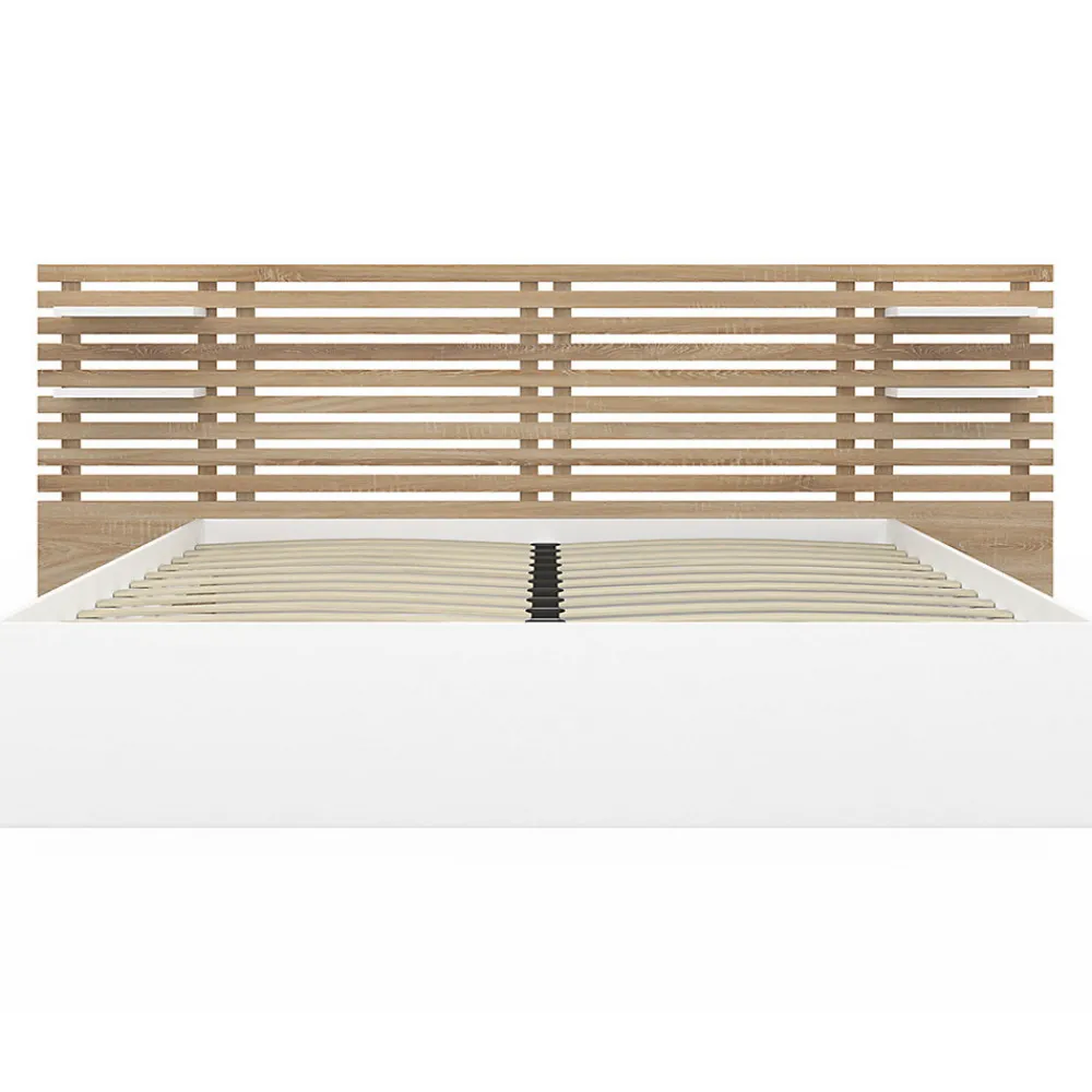 Lit double SAVANA avec tête de lit, chevets, rangements et sommier 160 x 200 cm façon hêtre et blanc>IDMarket New