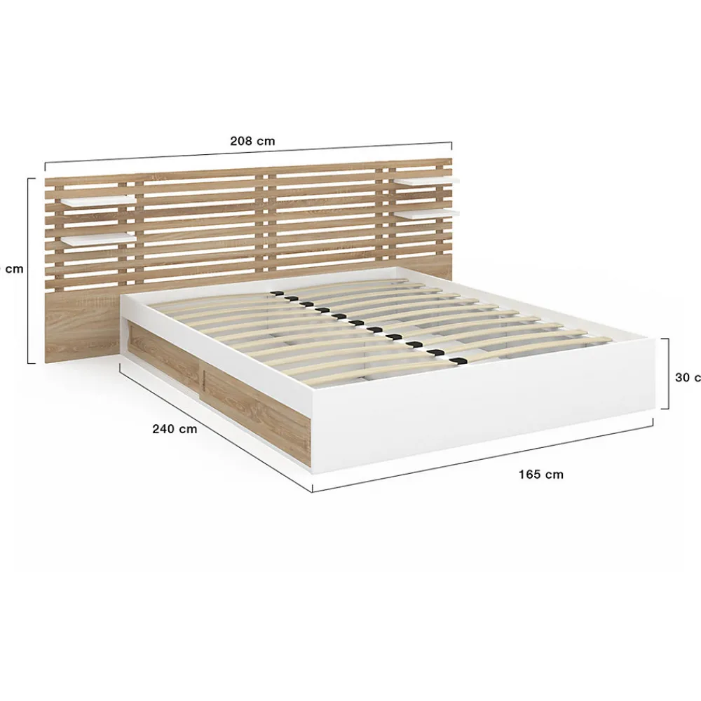 Lit double SAVANA avec tête de lit, chevets, rangements et sommier 160 x 200 cm façon hêtre et blanc>IDMarket New