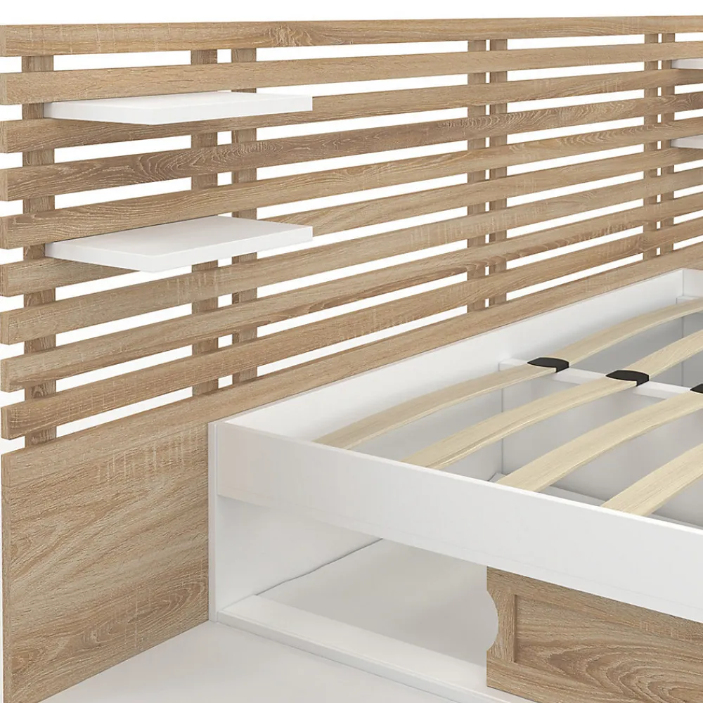 Lit double SAVANA avec tête de lit, chevets, rangements et sommier 160 x 200 cm façon hêtre et blanc>IDMarket New