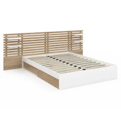 IDMarket Lit double SAVANA avec tête de lit, chevets, rangements et sommier 140 x 190 cm hêtre et blanc* Lit Avec Rangement