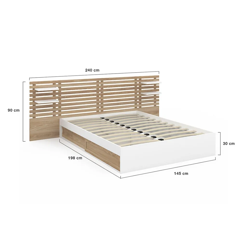 IDMarket Lit double SAVANA avec tête de lit, chevets, rangements et sommier 140 x 190 cm hêtre et blanc* Lit Avec Rangement