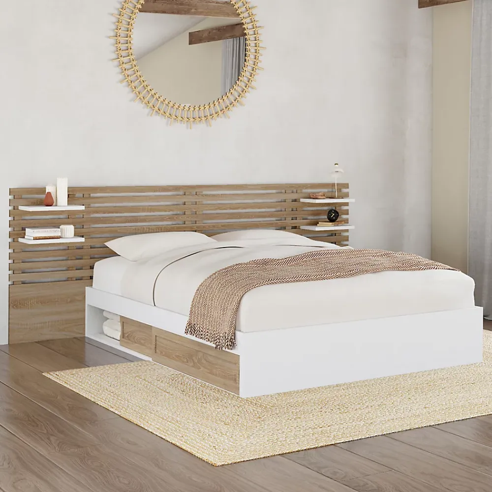 IDMarket Lit double SAVANA avec tête de lit, chevets, rangements et sommier 140 x 190 cm hêtre et blanc* Lit Avec Rangement