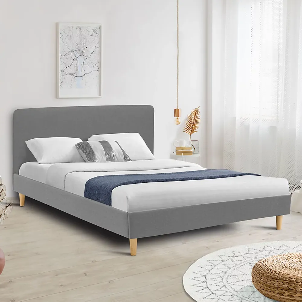 IDMarket Lit double scandinave BALTA avec tête de lit et sommier 160 x 200 cm tissu gris clair* Lit Avec Rangement