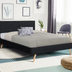 IDMarket Lit double scandinave OSLO avec tête de lit et sommier 140 x 190 cm tissu noir* Lit Avec Rangement