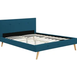 Lit double scandinave OSLO avec tête de lit et sommier 160 x 200 cm tissu bleu canard><noscript><img width=