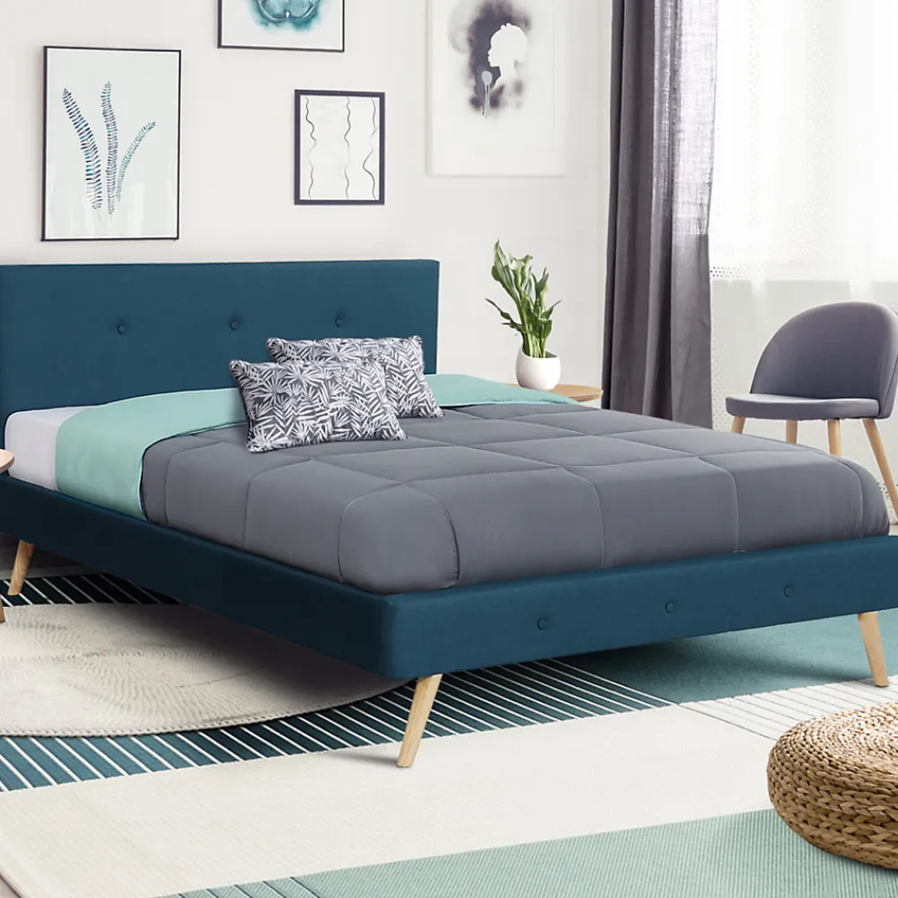 Lit double scandinave OSLO avec tête de lit et sommier 140 x 190 cm tissu bleu canard>IDMarket Clearance