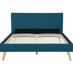Lit double scandinave OSLO avec tête de lit et sommier 140 x 190 cm tissu bleu canard><noscript><img width=