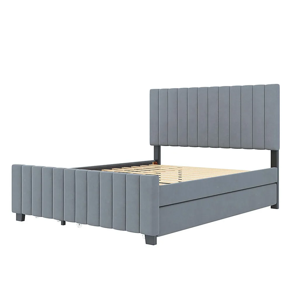 Lit double velours 140x190 cm, lit gigogne, 2 tiroirs - gris>Blackcolors