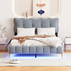 Lit Double 140x200 - Lit avec Éclairage LED, avec Sommier À Lattes, Sans Matelas, Velours Gris et Pieds Métalliques>Okwish Sale