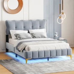 Lit Double 140x200 - Lit avec Éclairage LED, avec Sommier À Lattes, Sans Matelas, Velours Gris et Pieds Métalliques><noscript><img width=