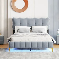 Lit Double 140x200 - Lit avec Éclairage LED, avec Sommier À Lattes, Sans Matelas, Velours Gris et Pieds Métalliques><noscript><img width=