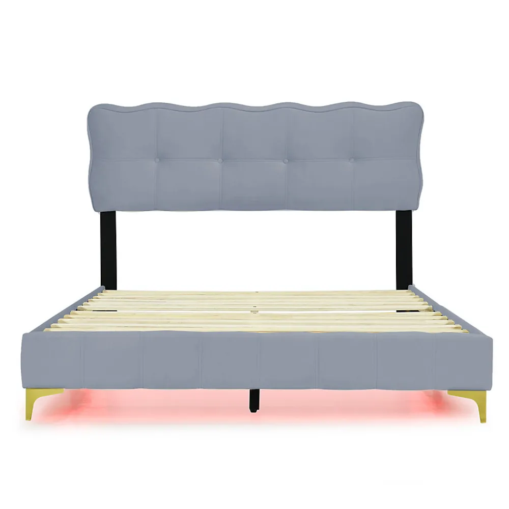 Lit Double 140x200 - Lit avec Éclairage LED, avec Sommier À Lattes, Sans Matelas, Velours Gris et Pieds Métalliques>Okwish Sale