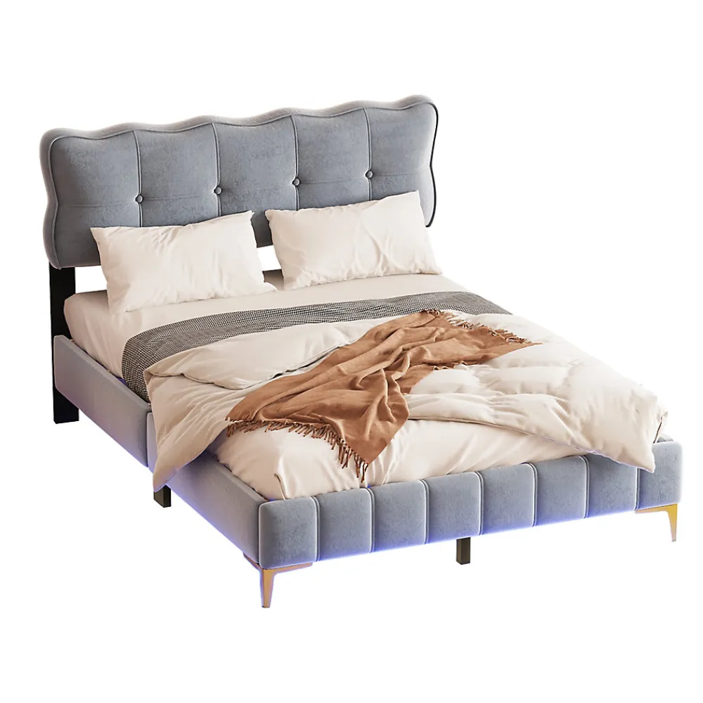 Lit Double 140x200 - Lit avec Éclairage LED, avec Sommier À Lattes, Sans Matelas, Velours Gris et Pieds Métalliques>Okwish Sale
