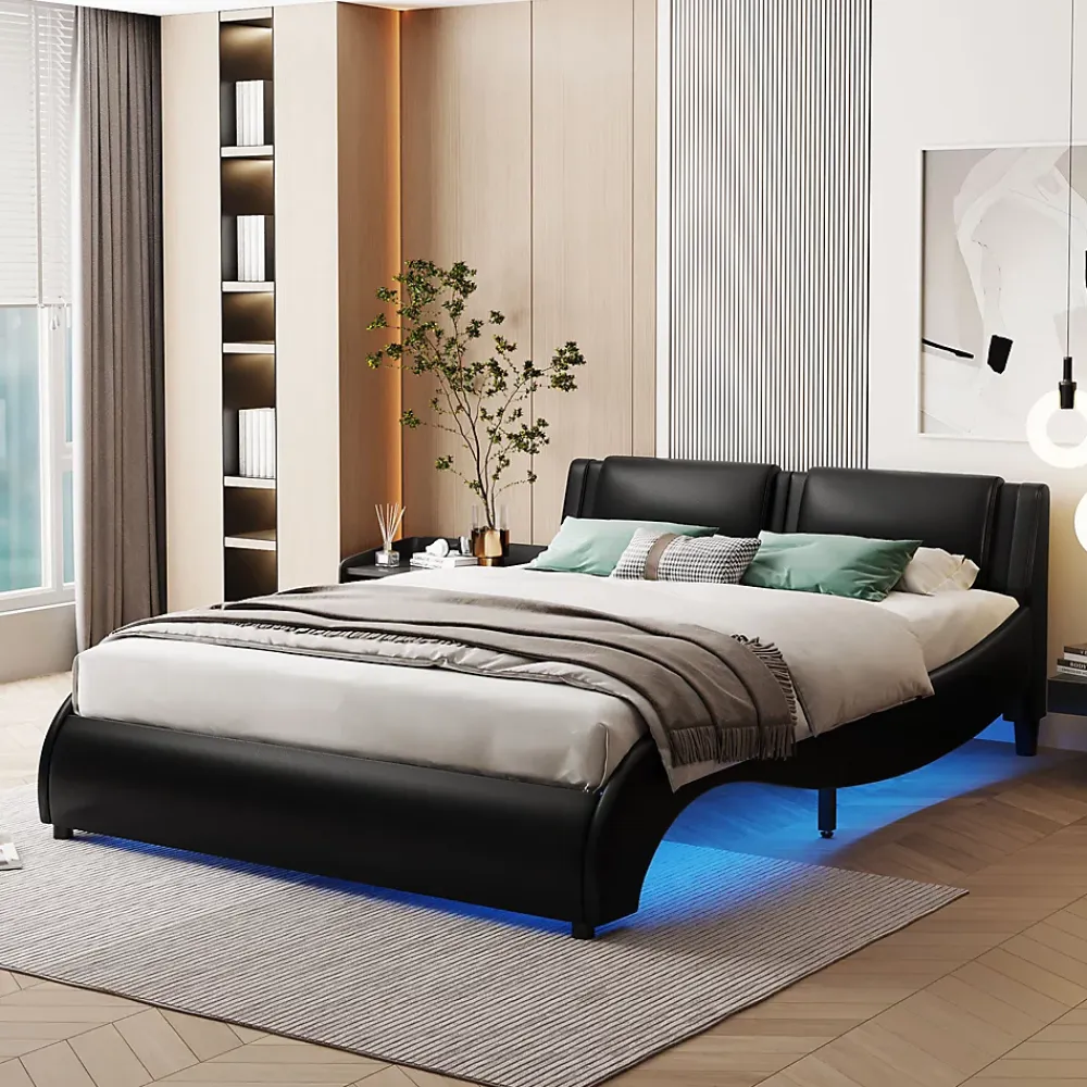 Okwish Lit Double 140x200 - Lit avec Éclairage LED et Sommier À Lattes, Sans Matelas, Simili Cuir Noir* Lit Double