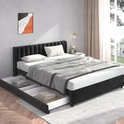 Generique Lit Double 180x200 - Lit Capitonné en Velours Noir avec 2 Tiroirs, Lit Adulte Moderne avec Rangement* Lit Double