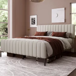 Generique Lit double 160x200 - Lit rembourré avec cadre en bois et métal - Lin - Sans Matelas - Beige* Lit Double