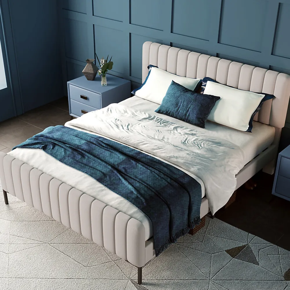 Lit double 180x200 - Lit rembourré avec cadre en bois et métal - Lin - Sans Matelas - Beige>Generique