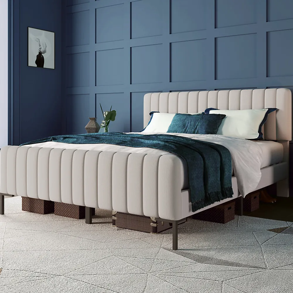 Lit double 180x200 - Lit rembourré avec cadre en bois et métal - Lin - Sans Matelas - Beige>Generique