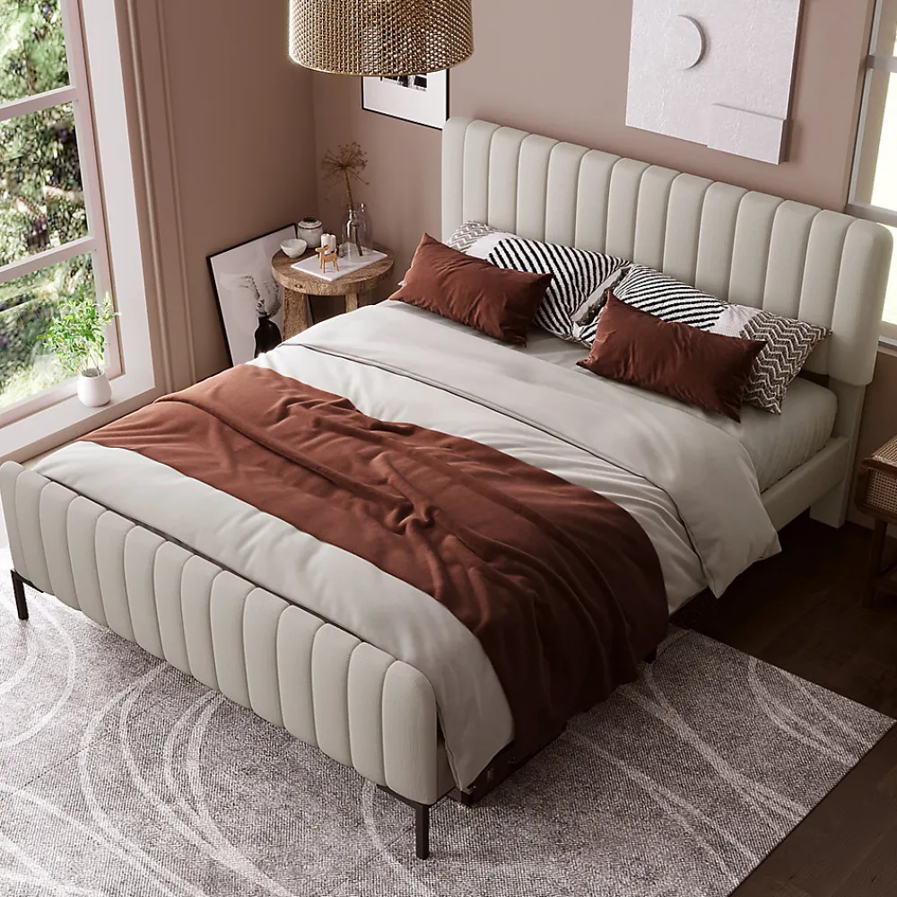 Lit double 180x200 - Lit rembourré avec cadre en bois et métal - Lin - Sans Matelas - Beige>Generique