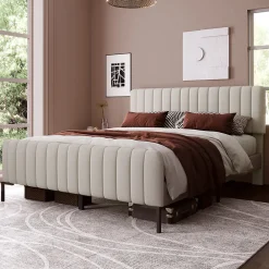 Lit double 140x200 - Lit rembourré avec cadre en bois et métal - Lin - Sans Matelas - Beige><noscript><img width=