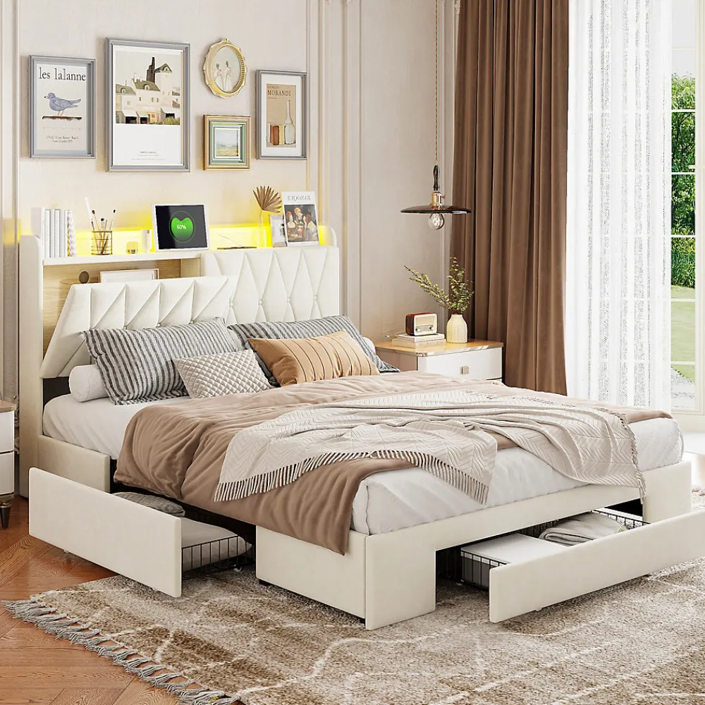 lit double 160x200 avec tiroirs,lit capitonné,rangement tête de lit, tête de lit ouverte,chargement USB,LED réglable,velours,beige>Generique Online