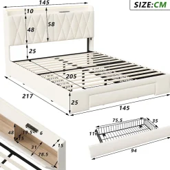 lit double 160x200 avec tiroirs,lit capitonné,rangement tête de lit, tête de lit ouverte,chargement USB,LED réglable,velours,beige><noscript><img width=