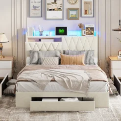 lit double 160x200 avec tiroirs,lit capitonné,rangement tête de lit, tête de lit ouverte,chargement USB,LED réglable,velours,beige><noscript><img width=