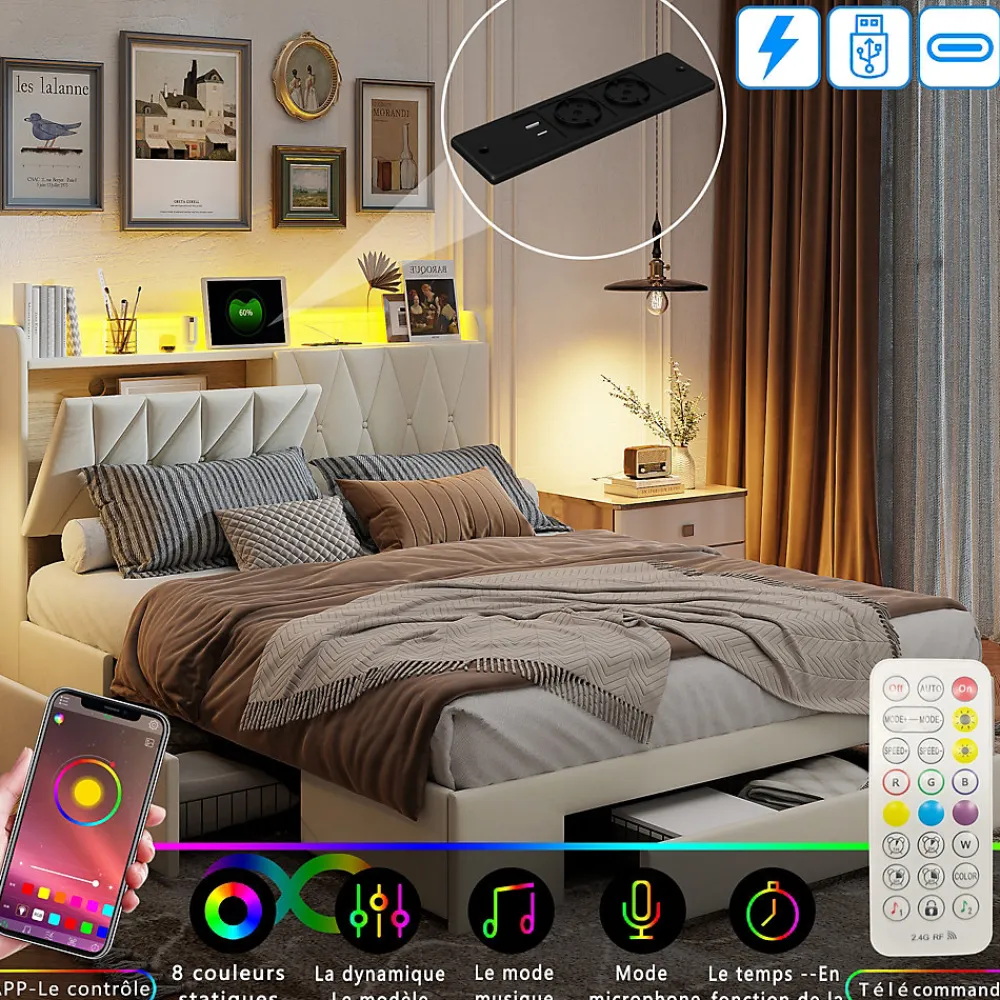 lit double 160x200 avec tiroirs,lit capitonné,rangement tête de lit, tête de lit ouverte,chargement USB,LED réglable,velours,beige>Generique Online