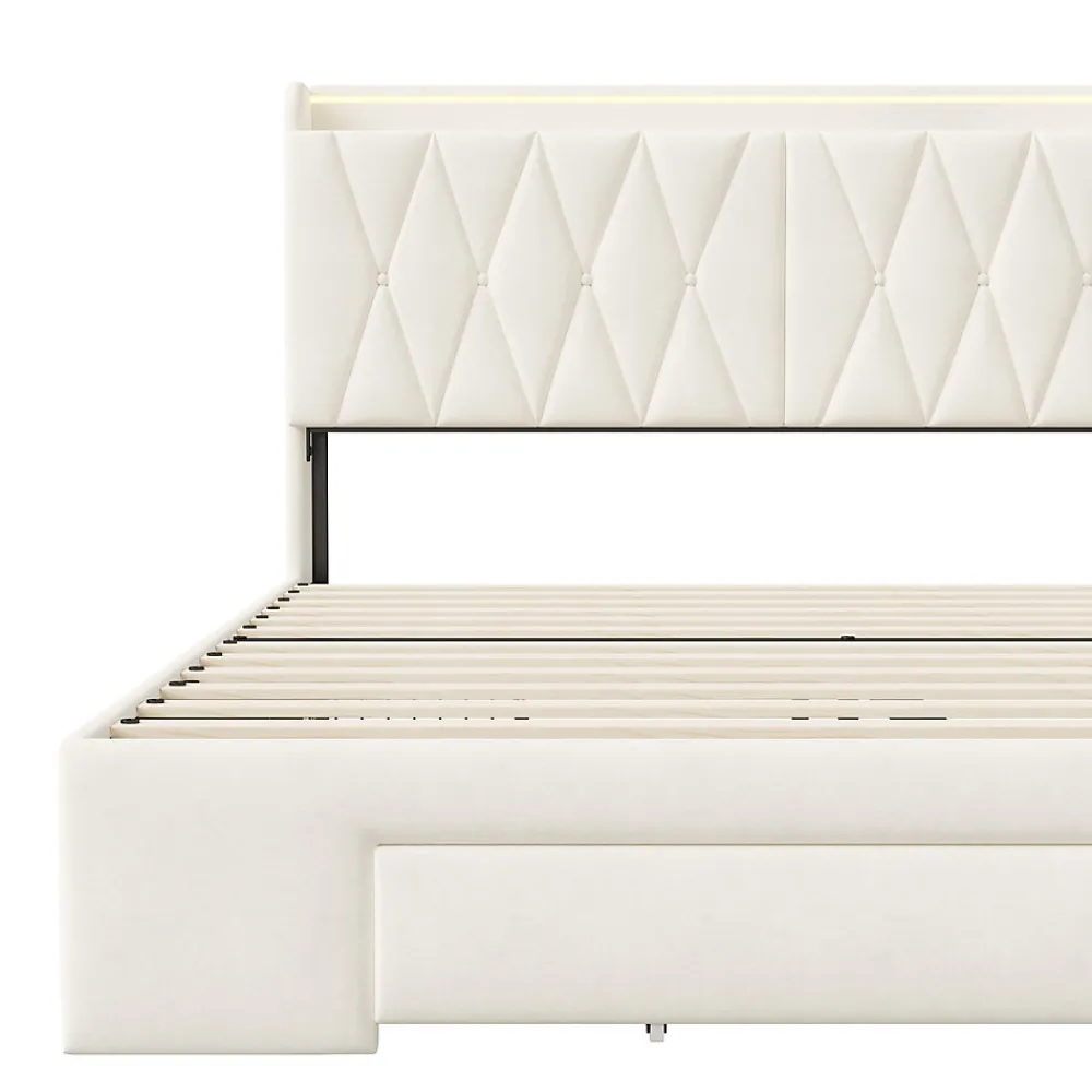 lit double 160x200 avec tiroirs,lit capitonné,rangement tête de lit, tête de lit ouverte,chargement USB,LED réglable,velours,beige>Generique Online