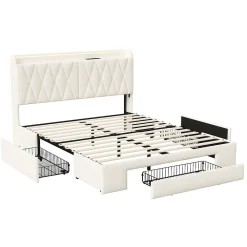 lit double 160x200 avec tiroirs,lit capitonné,rangement tête de lit, tête de lit ouverte,chargement USB,LED réglable,velours,beige><noscript><img width=
