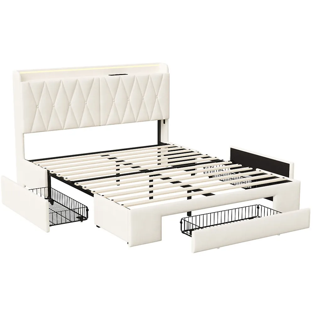 lit double 160x200 avec tiroirs,lit capitonné,rangement tête de lit, tête de lit ouverte,chargement USB,LED réglable,velours,beige>Generique Online