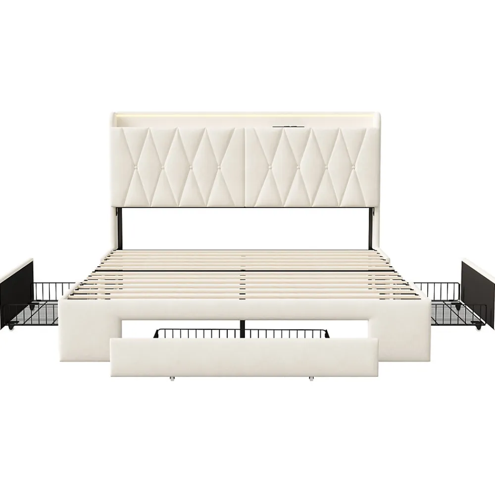lit double 160x200 avec tiroirs,lit capitonné,rangement tête de lit, tête de lit ouverte,chargement USB,LED réglable,velours,beige>Generique Online
